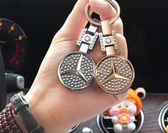 Bling Mercedes Keychain with Crystals, Silver Car Logo Key Ring, Sparkling Rhinestone Key Fob Charm, Luxury Car Accessory Gift for Her