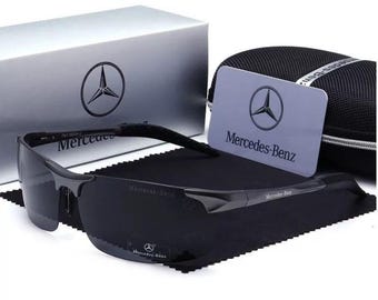 Von Mercedes-Benz inspirierte halbrandlose Sonnenbrille, silberner Rahmen, blaue Spiegellinse, Herren-Sportfahrbrillen mit Geschenkbox-Set