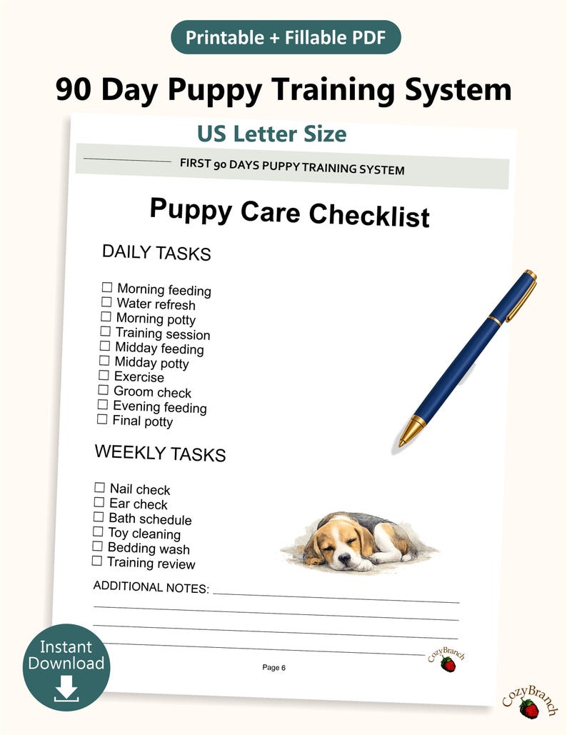 May include: A printable puppy care checklist with daily and weekly tasks, including feeding, potty breaks, and grooming. A blue pen rests on the page, and a sleeping beagle puppy illustration is featured. The document is US Letter size.