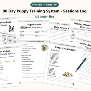 May include: A printable and fillable PDF, the "90 Day Puppy Training System - Sessions Log" includes training logs, puppy profiles, daily routines, and health trackers. The US Letter size documents feature checklists and training tips, with puppy illustrations.