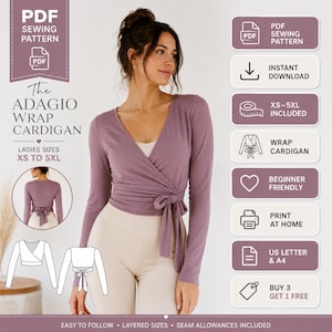 May include: A PDF sewing pattern for The Adagio Wrap Cardigan, featuring a mauve long-sleeve wrap top with a side tie. The image includes text details for sizes XS to 5XL, instant download, beginner friendly instructions, and print at home options.