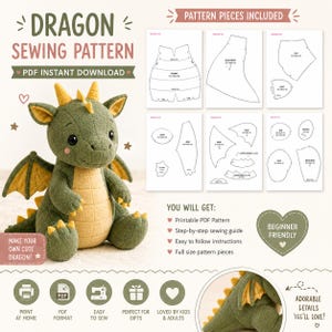 Può includere: Un modello di cucito di drago di peluche verde e giallo. Il modello include istruzioni e pezzi a grandezza naturale per un progetto adatto ai principianti. Il testo recita "Dragon Sewing Pattern PDF Instant Download."