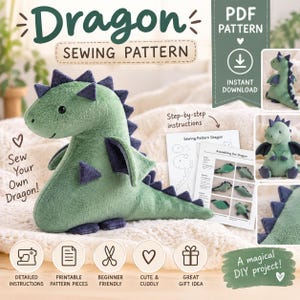 Peut inclure: Un patron de couture PDF numérique pour une peluche dragon. L'image montre un dragon en peluche fini vert et bleu foncé, des feuilles d'instructions imprimées avec des schémas et le texte Dragon Sewing Pattern et Instant Download.