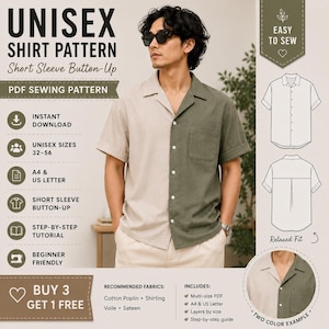 May include: A PDF sewing pattern for a short sleeve button-up shirt. The design features a two-tone color block style with a beige right side and an olive green left side, including a chest pocket, a notched collar, and a relaxed fit silhouette.