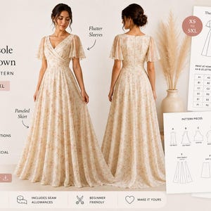 May include: The Valensole Paneled Gown PDF sewing pattern. Features a V-neck, flutter sleeves, and paneled skirt. Sizes XS to 5XL. Includes sewing instructions. Elegant and timeless design.