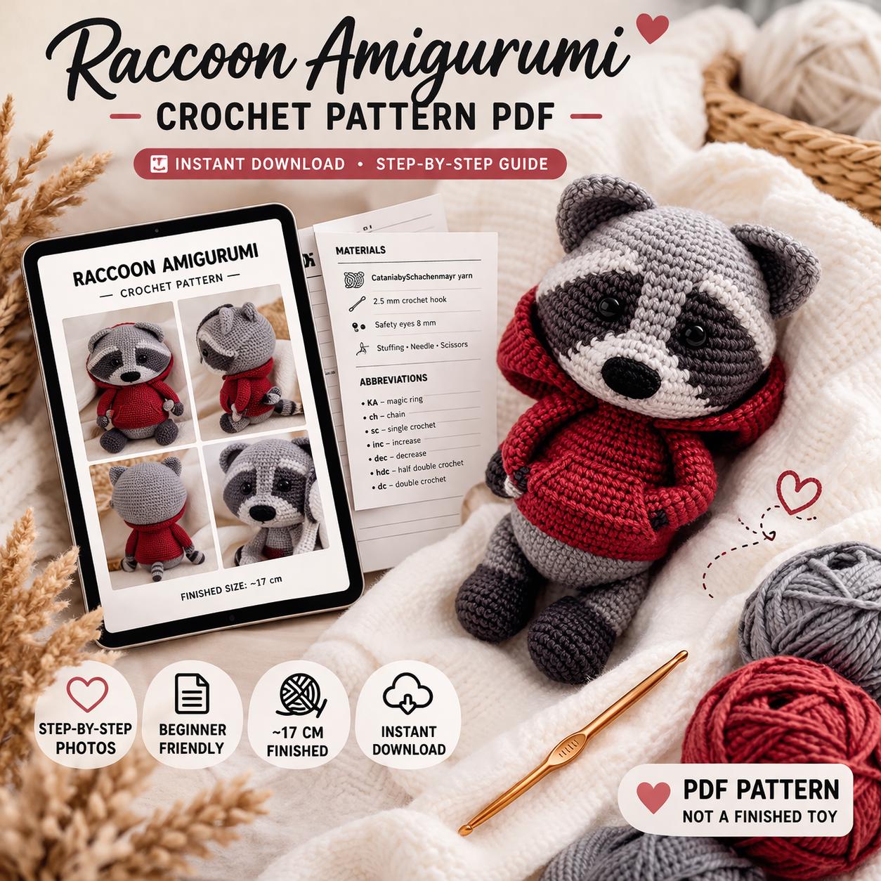 30 Hoodie Crochet Patterns: Cozy Pullovers, Animal Hoods, and Giftable Crochet Ideas 2 Raccoon Hoodie Amigurumi Pattern