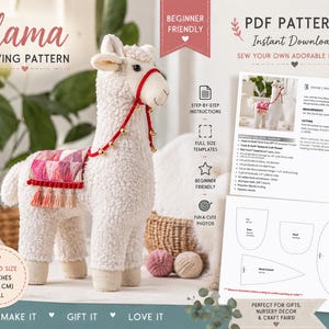 May include: A plush white llama sewing pattern with a red and gold halter, and a colorful blanket. The finished size is 18 inches (45.72 cm) tall. The pattern is beginner-friendly and includes step-by-step instructions.