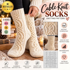 May include: A pair of cream-colored cable knit socks featuring a textured braided pattern. The image includes text stating Cable Knit SOCKS KNITTING PATTERN, 3 SIZES XS/S M L, PDF INSTANT DOWNLOAD, STEP BY STEP INSTRUCTIONS, INTERMEDIATE LEVEL, and DETAILED CABLE CHART.