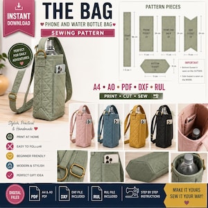 Peut inclure: Un patron de couture pour un sac matelassé pour téléphone et bouteille d'eau, incluant des schémas avec des mesures en centimètres, des étiquettes textuelles et plusieurs variantes de couleurs comme vert sauge, rose, bleu, jaune et noir.