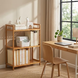 May include: A three-tier bamboo bookshelf with books and ornaments. Two white llama figurines are on the top shelf. The room also has a wooden desk, chair, and a window with natural light.