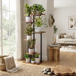 May include: A tall, multi-tiered plant stand featuring a black metal frame and several wooden shelves. The stand holds various potted plants of different sizes and foliage types, arranged at staggered heights to maximise vertical display space.