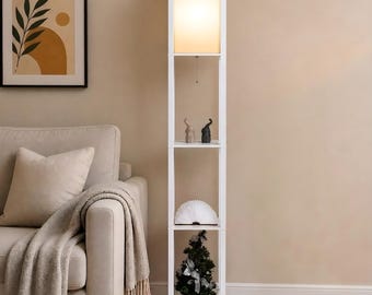 Wooden Floor Lamp with Shelves, LED Standing Light, Modern Storage Display, Home Décor