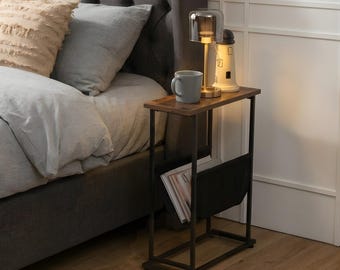 Wooden Narrow Side Table, Magazine Rack, Bedroom Slim End Nightstand, Bedside Storage, Vintage Retro