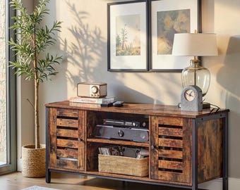 TV Console Unit with Storage Cabinet and Shelves, Industrial Wooden Media Unit with Doors for Living Room