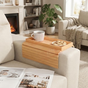 Foldable Bamboo Sofa Armrest Tray & Phone Slot, Non-Slip Couch Organizer