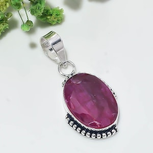 Deep Magenta Ruby Oval Pendant in 925 Sterling Silver – Faceted Burgundy Pink Gemstone Statement Necklace, Handmade Jewelry, Gift for Her
