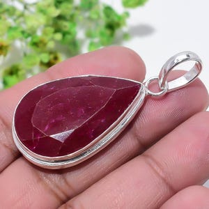 Natural Ruby Faceted Pear Pendant in 925 Sterling Silver – Deep Red Gemstone Necklace, Handmade Statement Jewelry, Boho Crystal Gift for Her