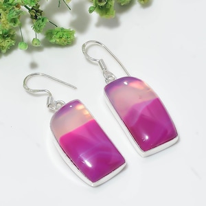 Pink Purple Agate Rectangle Dangle Earrings in 925 Sterling Silver – Magenta Gemstone Statement Earrings Handmade Boho Jewelry Gift for Her