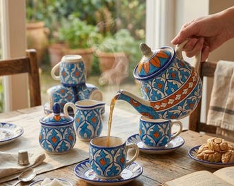 Handmade Ceramic Tea Set – Elegant 15-Piece Pottery Set – Perfect Gift for Her