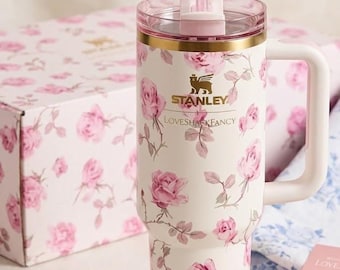 Floral 40oz Tumbler with Bow Straw Topper | Vintage Rose Water Cup with Handle | Ribbon Chic Travel Mug |Aesthetic Hydration Gift For Her