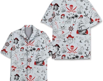 Camisa hawaiana de verano con calavera pirata, camisa de playa de verano, camisa de vacaciones a juego, regalos para vacaciones familiares, conjunto de playa de verano