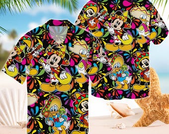 Hawajska koszula z motywem Miki i Minnie z Meksyku, koszula zapinana na guziki z okazji meksykańskiej imprezy Disneyland Fiesta Party, letnia koszula plażowa Disney, prezenty dla rodzin na wakacje