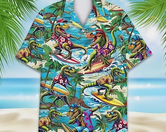 Tropical Dinosaur Surfing Hawaiian Shirt For Men Women, Surfing Gator & Treasure Chest Button Up Shirt, Summer Beach Outfit