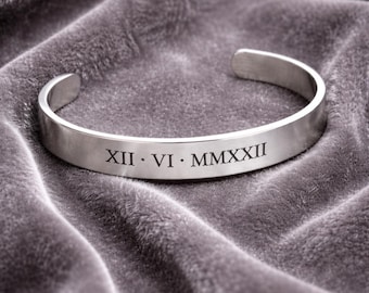 Pulsera con fecha en números romanos para hombre, brazalete personalizado grabado, pulsera de aniversario personalizada, regalo minimalista de joyería con fecha para él.