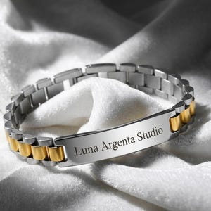 Personalized Two Tone Men Bracelet, Custom Engraved Silver Gold Watch Link Chain, Luxury Presidential ID Bar Executive Cuff, Gift for Him