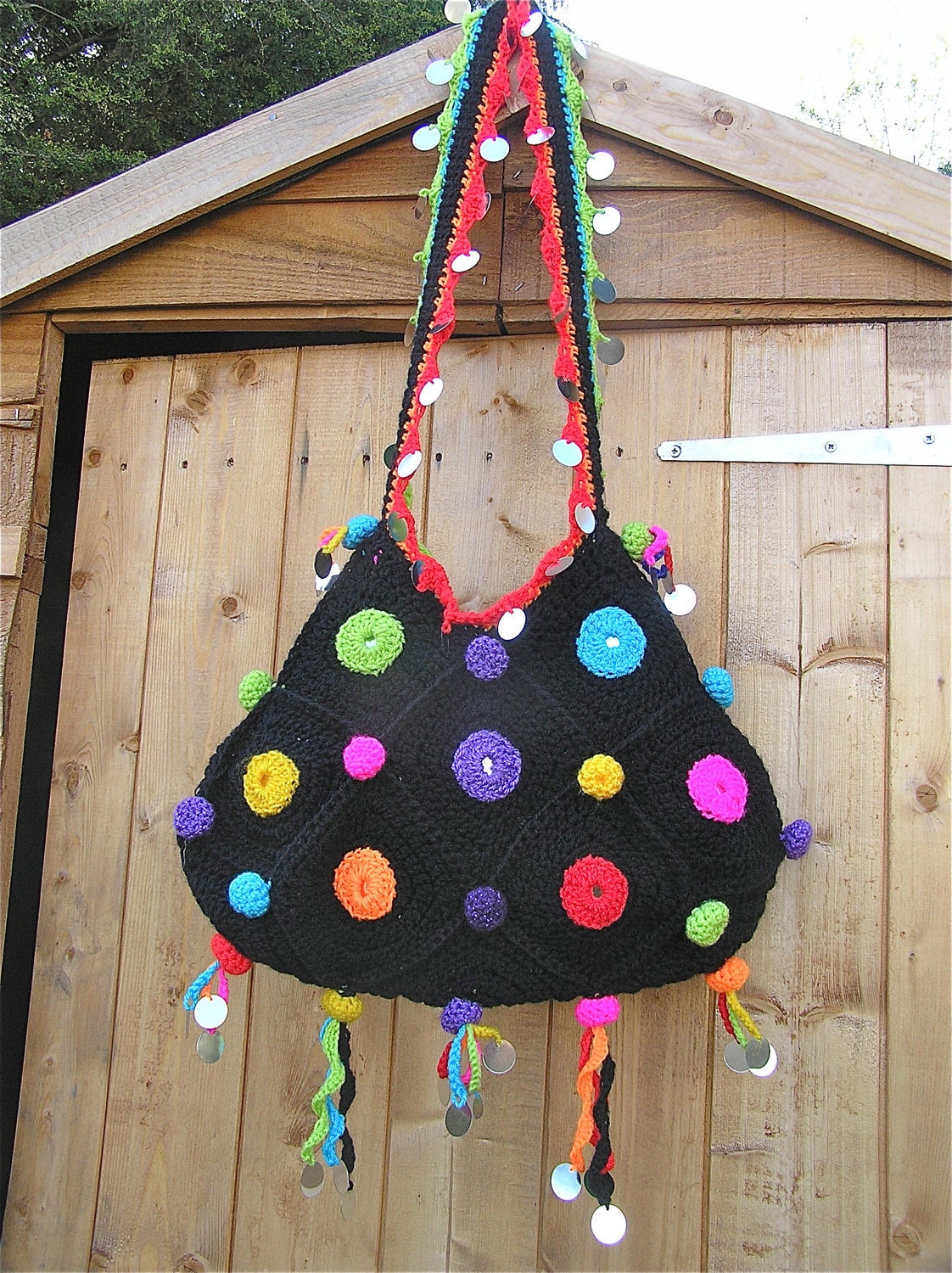 Fabulous Crochet Shoulder Bag. Vibrant Colours on Black With Etsy