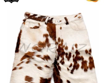 Men's Cowhide Leather Shorts: Brown White Hair-On Hide Western Cowboy Rodeo Outfit
