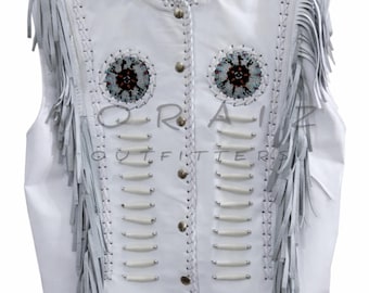 Gilet en cuir blanc à franges pour femmes : gilet perlé bohème occidental