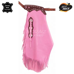 May include: A pair of bright pink leather chaps featuring a dark brown leather yoke with white stitching and pink accents. The chaps include a vertical strip with three silver-toned conchos and long pink fringe along the side and bottom edge.