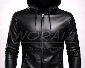 メンズ ブラック ラムスキンレザー ジップアップ フーディー – スリムフィット ストリートウェア ジャケット