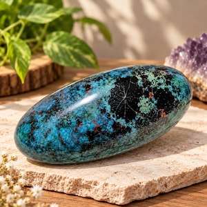 May include: A polished, oval-shaped gemstone featuring a vibrant mix of deep blue, teal, and black mineral inclusions. The stone has a smooth, reflective surface with visible dark crystalline patterns and subtle reddish-brown flecks throughout.