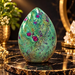 May include: A polished, egg-shaped ruby in zoisite stone featuring a vibrant green base colour with prominent, deep magenta-pink inclusions and dark speckles throughout the surface, displaying a smooth, reflective finish and a pointed top.