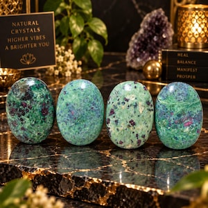 Puede incluir: Cuatro piedras pulidas de forma ovalada con un patrón moteado de inclusiones en verde vibrante, azul verdoso y magenta intenso. Las piedras están dispuestas en una fila horizontal, mostrando una textura superficial lisa y brillante.