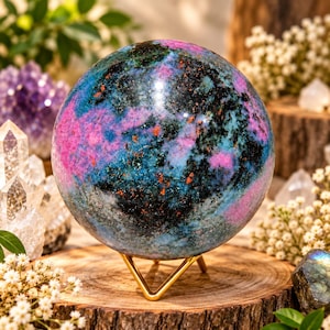 Può includere: Una pietra preziosa sferica lucida caratterizzata da un mix vibrante di inclusioni minerali blu intenso, magenta e nere. La pietra liscia e arrotondata poggia su un semplice supporto in metallo dorato a tre punte con superficie naturale.