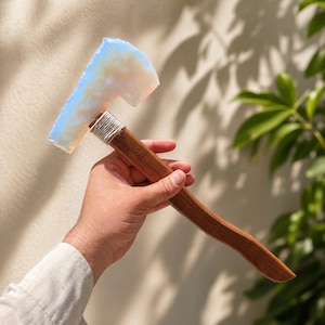 Opalite Crystal Axe – Burl Wood Handle, Lichtenberg Burn Design, Artisan Decor