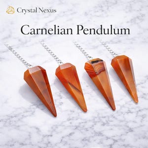 May include: Four carnelian pendulums with silver chains. The pendulums are a warm orange colour with a faceted, conical shape. The text "Carnelian Pendulum" is above the pendulums.