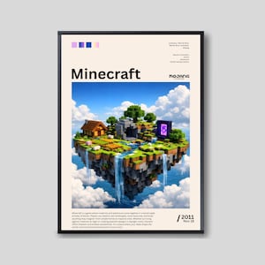 Könnte beinhalten: Gerahmtes Minecraft-Poster mit einer schwebenden Insel mit Haus, Wasserfall und Portal. Das Poster enthält den Titel des Spiels, das Logo von Mojang Studios und das Datum 18. November 2011. Der Hintergrund ist ein blauer Himmel mit Wolken.