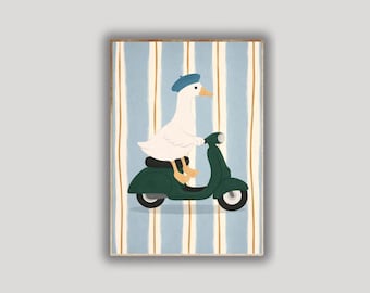 Goose Riding Scooter Watercolor Print (Digital Download) – Nursery Coastal Retro Illustration