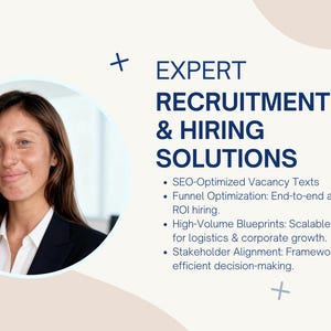 Puede incluir: Una presentación de negocios con el texto "EXPERT RECRUITMENT & HIRING SOLUTIONS". La imagen incluye a una mujer con traje, un fondo blanco y viñetas que enumeran servicios como textos de vacantes optimizados para SEO.