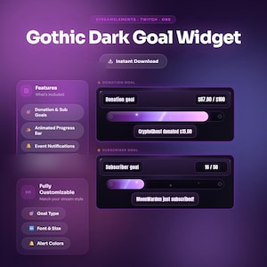 Könnte beinhalten: Ein digitales Gothic Dark Goal Widget Interface für Streaming, mit violetten Verlaufs-Fortschrittsbalken, Spenden- und Abonnentenziel-Trackern, Ereignisbenachrichtigungen und anpassbaren Einstellungstexten auf einem dunkelvioletten Hintergrund.