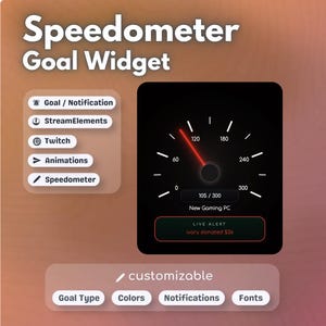 May include: A digital speedometer goal widget with a black background and a red needle. The widget displays a speed of 105/300 and includes options for goal type, colors, and notifications. Text on the widget includes "Speedometer Goal Widget" and "LIVE ALERT ivory donated $36."