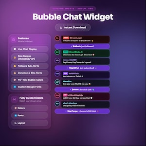 Bubble Chat Widget for Twitch | StreamElements OBS Chat Overlay | Role Badges, Follower & Donation Alerts | Fully Customizable