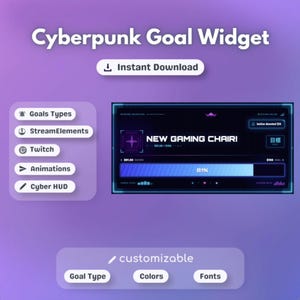 Könnte beinhalten: Digitales Grafikdesign für ein "Cyberpunk Goal Widget" mit "Instant Download". Das Bild zeigt eine Gaming-Oberfläche mit einer Fortschrittsanzeige für einen "New Gaming Chair!" und Anpassungsoptionen. Das Farbschema ist lila und blau.