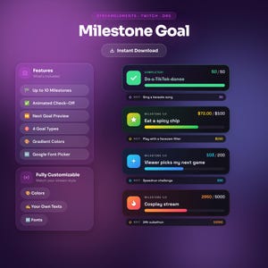 May include: A digital Milestone Goal overlay for streaming featuring a purple gradient background. The interface displays a list of tasks with progress bars, icons, and text including Do a TikTok dance, Eat a spicy chip, Viewer picks my next game, and Cosplay stream.