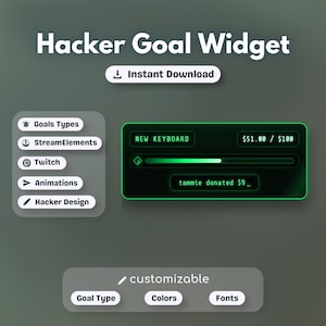 May include: A digital graphic promoting a "Hacker Goal Widget" with a dark green and white color scheme. The image includes text that says "Instant Download", "Goals Types", "StreamElements", "Twitch", "Animations", and "Hacker Design". There is also a progress bar.