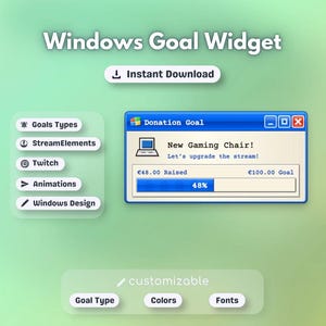Puede incluir: Gráfico digital para un widget de objetivo de Windows, con una ventana azul que muestra un objetivo de donación para una nueva silla de juego. El widget muestra 48,00 € recaudados de un objetivo de 100,00 €, con una barra de progreso del 48%.